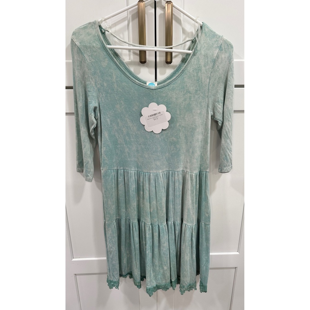 J&M Clothing Tiered Dress Dusty Mint Lace‎ Trim Casual Comfy Small